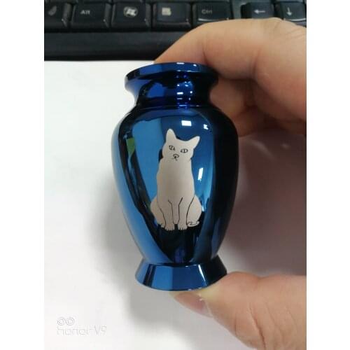IJU028 Stainless Steel Cute Cat Blue Cremation Urn Pet Ashes Holder Memorial Container Jar