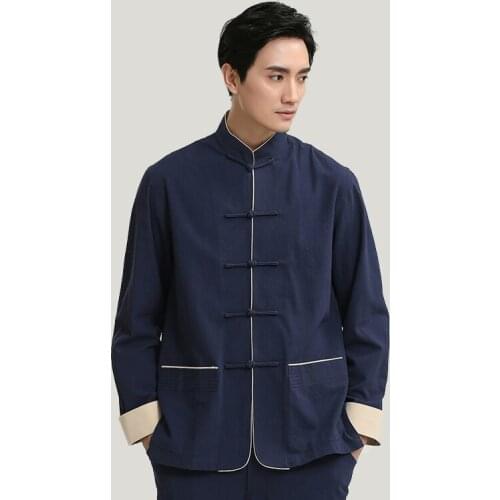 Jacket Solid Chinese Conventional Style Long Sleeve Mens Mandarin Collar Cotton Linen Kung Fu Coat chaquetas hombre