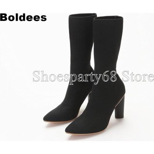 Fashion Stretch Mid-calf Short Elastic Boots Woman 7cm and 9cm Block Heeled Pointed Toe Weave Sock Boot Thick High Heel Shoes