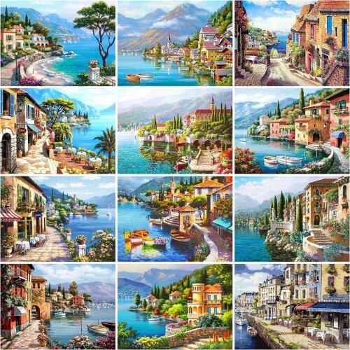 MomoArt 5D DIY Diamond Embroidery Town Full Square Round Diamond Painting Seaside Landscape Cross Stitch Mosaic Home Decor Gift