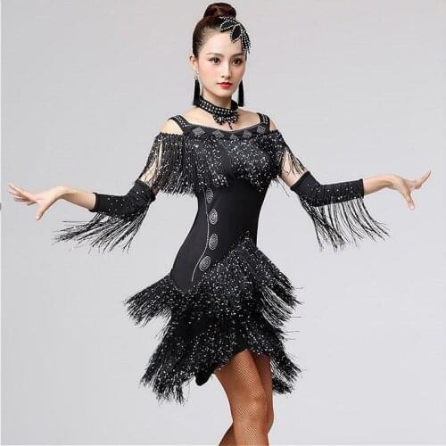 Women Latin Dance Dress Salsa Tango Ballroom Costume Sequin Tassel Rumba Diamond Black Red Blue Single Dress 904-B176