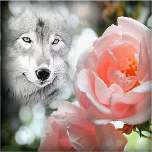 Pink rose & wolf Diamond Embroidery round 5D DIY Diamond Painting Mosaic Cross Stitch Floral Rhinestone home Decoration craft