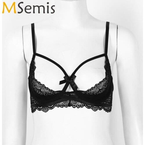 MSemis Sexy Erotic Women See Through Sheer Lace Lingerie Exposed Breast Adjustable Spaghetti Shoulder Straps Half Cups Bra Tops