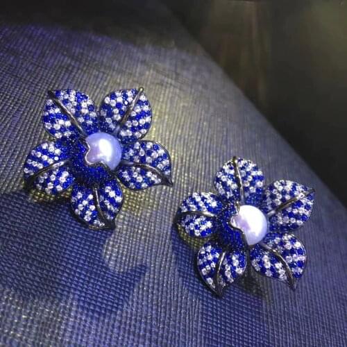 Blue flower stud earring natural fresh water pearl stud earring 925 sterling silver fashion women jewelry free shipping