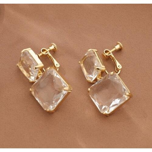 2020 Fashion New Style Luxury Elegant Shiny Square Crystal Clip on Earrings For Non Pierced Female Party Jewelry Stud Earrings
