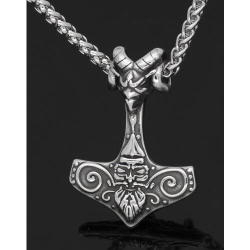 Nordic stainless steel thor hammer Mjolnir goat odin head pendant necklace