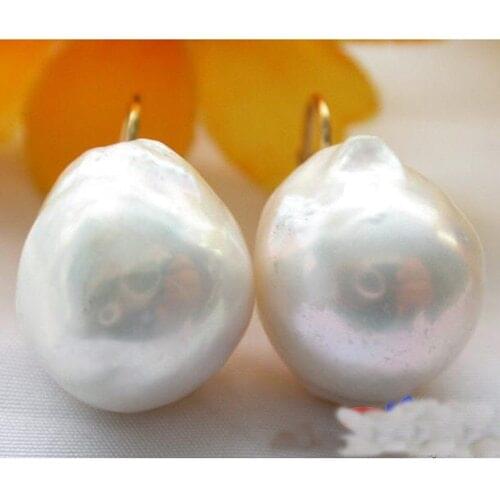 Unique Pearls jewelry Store 18mm Baroque Almost Round White Keshi Reborn Pearl Dangle Earrings Charming Wedding Girl Women Gift
