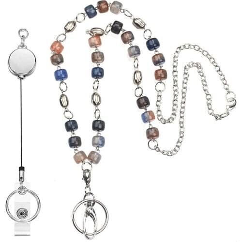 Beaded Retractable Badge Reel Lanyard Necklaces with Holder Clips Stainless Steel Id Card Badge Holder Key Nurse Accessories