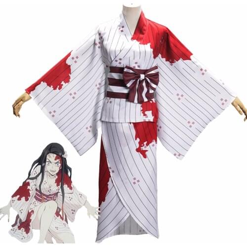 Demon Slayer Kimetsu no Yaiba Kamado Nezuko Cosplay Costume Women Girls Horror Blood Splatter White Kimono Halloween Uniform Wig