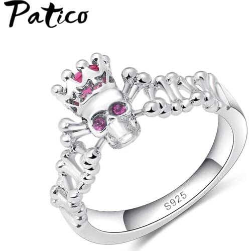 Classic 925 Sterling Silver Skull Skeleton Finger Ring for Women Men Pink CZ Stone Hollow Jewelry Halloween Party Gifts