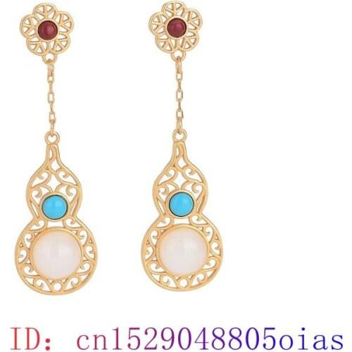 White Jade Gourd Ear studs Crystal Charm Women Jewelry Gifts Earrings Natural Chalcedony Gemstone 925 Silver Fashion Amulet
