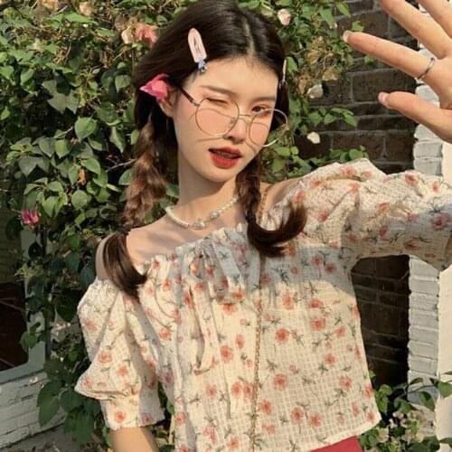 Floral Printed Shirts for Women Korean Kawaii Crop Tops Summer Sweet Sexy Slash Neck Bowknot Girls Chiffon Blouses Female Blusas