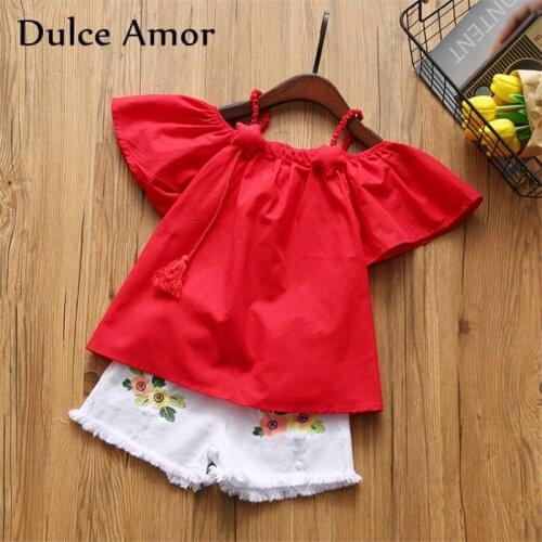 Dulce Amor Girl Clothes 2018 Brand Girls Clothing Sets Kids Summer Spaghetti Strap T Shirt+Embroidered Shorts Drop Shipping
