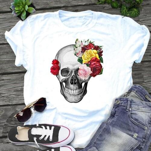 Women Skull Funny Halloween Fall Autumn Short Sleeve Cute 90s Style Casual Fashion Print Female Clothes Tops Tees Tshirt T-Shirt