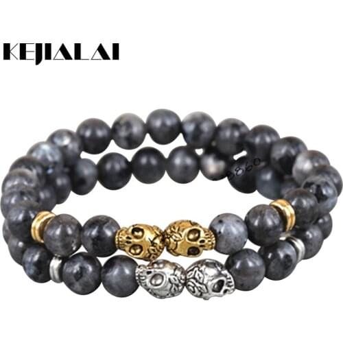 KEJIALAI 1pcs 2018 New Fashion 8mm Beads Bracelet Gold Silver Color Skull Head Black Iron Ore Stone Beads Mens Bracelet A0313