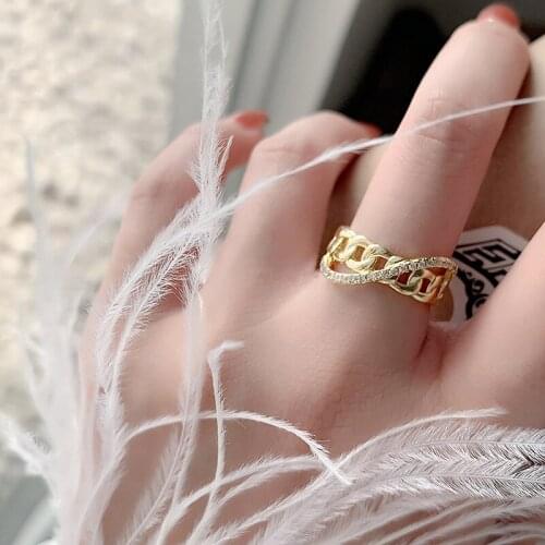 Minar Delicate Shiny CZ Stone Hollow Link Chain Rings for Women Gold Copper Chunky Wide Cross Charming Open Ring Accessories