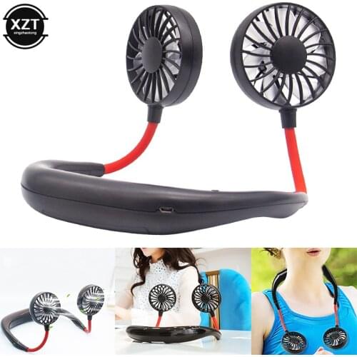 Mini USB Fan Gadget Hanging Neck Band Handheld Small Fan Rechargeable Dual Wind Head Gadgets