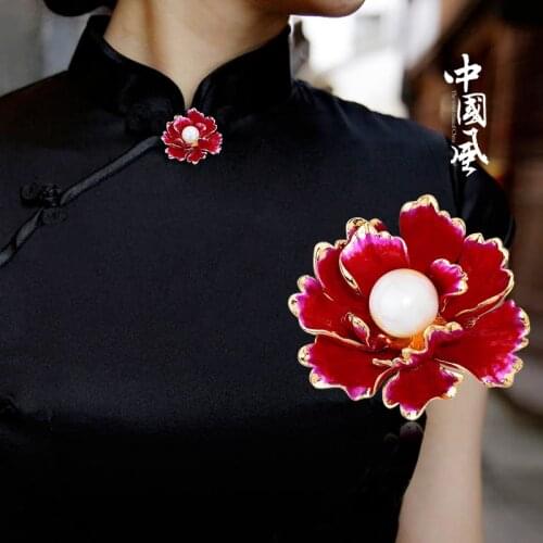 Fashion Chinese Peony Flower Pearl Brooch For Women Enameled Colorful Brooch Pin Jewelry Women Birthday Cheongsam Dress