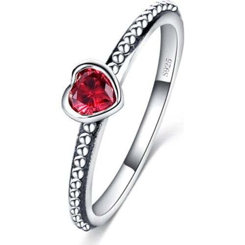 MOONROCY Silver Color Rings Red Heart Simple Cute Party Vintage Ring for Women Girls Gift Dropshipping Jewelry Wholesale
