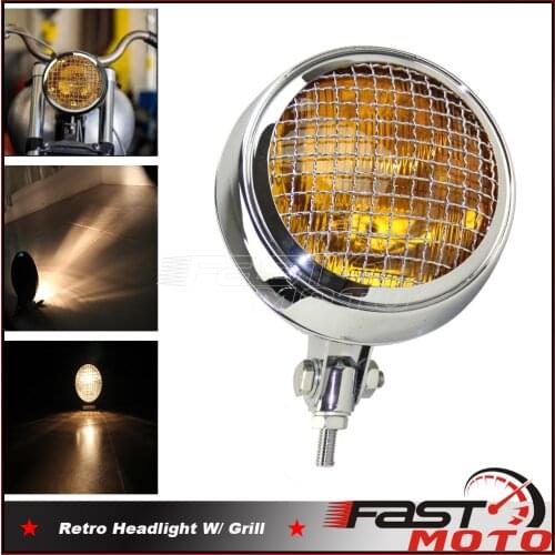 Motorcycle Headlight w/ Mesh Grill Bottom Mounting Retro Motorcycle Front LED Chrome Amber Headlamp 5.7'' for Cafe Racer Custom
