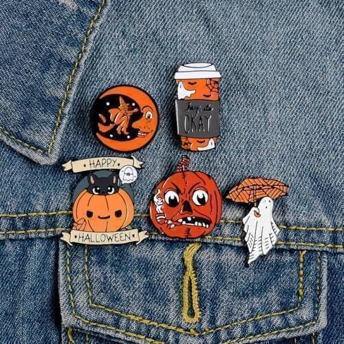 Cartoon Creative Halloween Pumpkin Ghost Enamel Brooch Round Alloy Badge Denim Clothes Bag Pins Cute Punk Jewelry Gifts For Kid