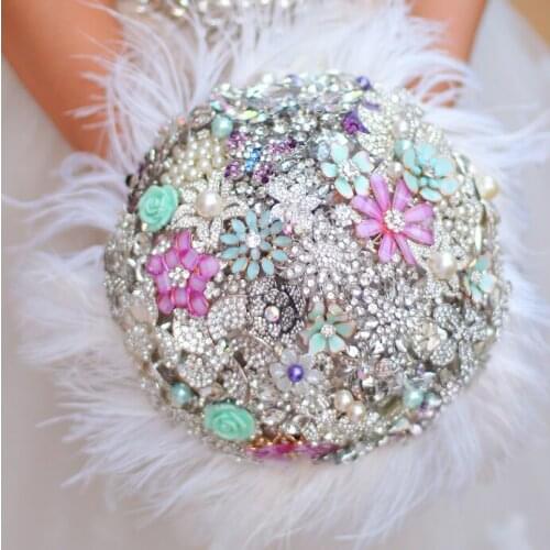 Mint green & Lilac bouquet bridal bouquet custom ostrich feathers diamond brooch flower DIY bridesmaid bouquets