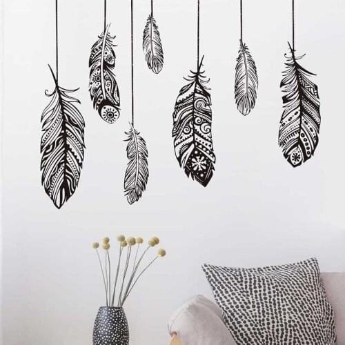 Bohemian style Black Feather Wall Stickers for Bedroom Living room Wall Decor Art Wall Decals for Room Decor Murals Home Decor