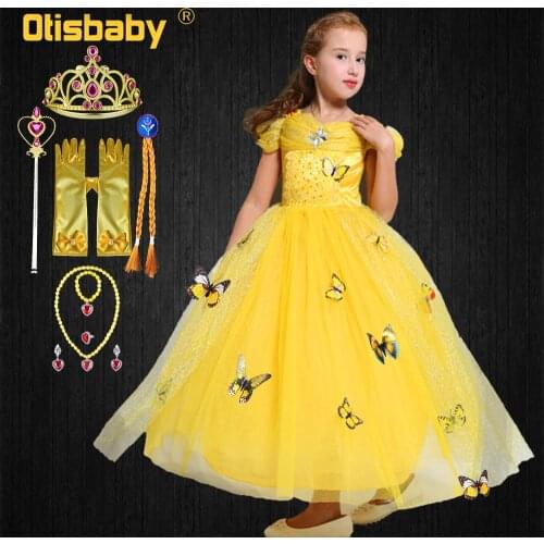 New Year Beauty Belle Princess Dress for Girls Christmas Carnival Birthday Party Prom Voile Dress With Gloves Crown Velvet Cloak