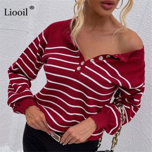 Autumn Baggy Striped Knitted Sweater For Women Ladies Casual Vintage Pullovers With Button O Neck Long Sleeve Winter Knit Jumper