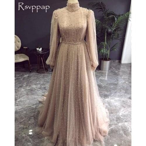 Luxury Long Evening Dresses 2021 High Neck Long Sleeve Pearls Muslim Dubai Women Champagne Formal Party Gowns