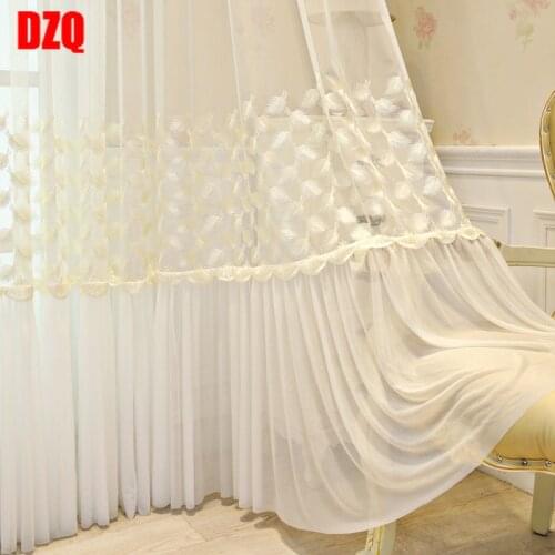 Korean Style Princess Room Luxury Feather Embroidered Tulle Curtains for Living Room Pink /Beige Romantic Lace Window Screen