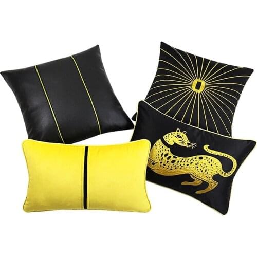Luxury Golden leopard embroidered black cushion cover backrest black yellow geometric waist pillow case lumbar pillow cover