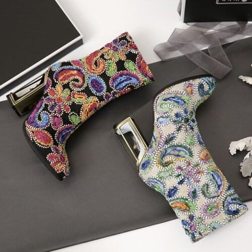 High-heeled boots national wind and calf boots childrens boots painted bird cage with womens boots side zipper boots pointed b