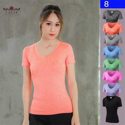 Sexy V-neck Yoga T-Shirts Fitness Running Short Sleeve Workout Gym Sportswear Tops Tights Elastic Quick Dry Solid Color Yoga Tee