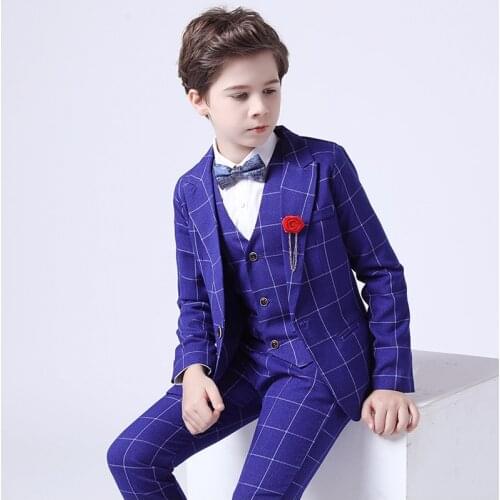 Formal Childrens Plaid Suit Set Flower Boy British Style Blazer Vest Pants 3pcs Outfit Kids Wedding Host Performance Costume