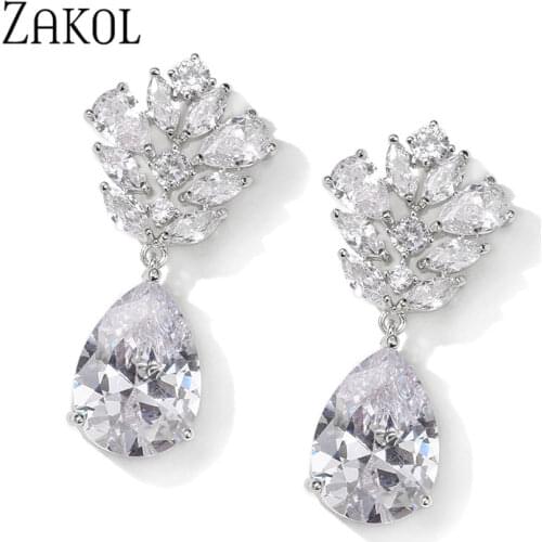 ZAKOL White Color Flower Shape Zircon Water Drop Crystal Pendant Dangle Earrings for Women Bridal Wedding Jewelry