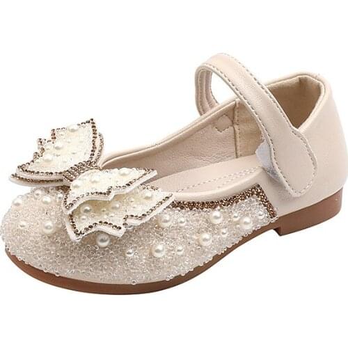 Girls Rhinestone Leather Shoes Autumn 2021 New Childrens Shoes Girls Bow-knot Princess Shoes Sequined Pearl Sweet Flats Fashion