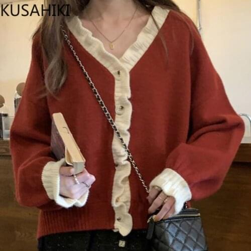 KUSAHIKI 2021 Autumn Winter V-neck Knitted Cardigan Ruffle Hit Color Women Sweater Coat Causal Long Sleeve Puff Femme 6K847