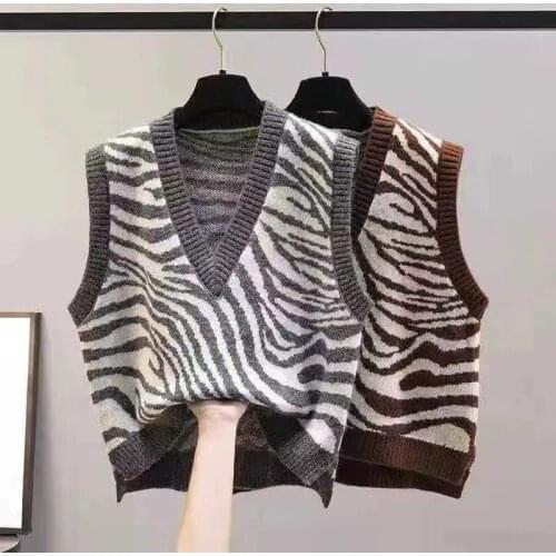 2021 Spring Autumn V-Neck Knitted Sweater Vest Women New Korean Fashion Zebra Pattern Sleeveless Sweaters Waistcoat for Outwear