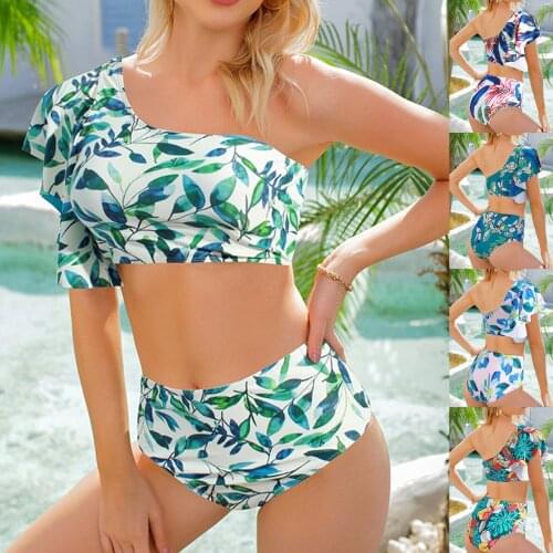 Women Bikini Leaf One-shoulder Swimsuit Outer Single Swimwear Woman Beachwear Womens Tube Top Sexy Bathing Suit Push Up Biquini