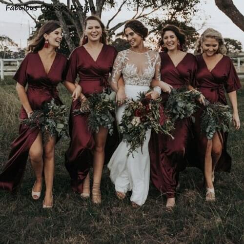 Burgundy Short Sleeve Long Bridesmaid Dresses 2021 V Neck Split A Line Wedding Party Dress Customized Robe De Soirée De Mariage
