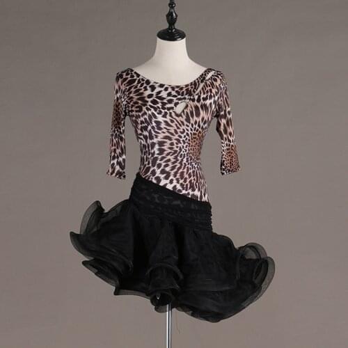 Womens Latin Dance Dress Leopard Print Black Latin Dress Adult Rumba Dance Performance Stage Costume DQL231
