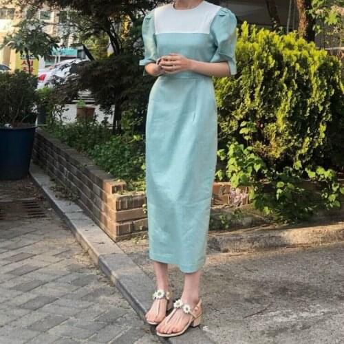 2021 Half Sleeve Bodycon Dress Vintage Split Slim Waist Dresses Pocket Women Summer Cotton Linen Patchwork