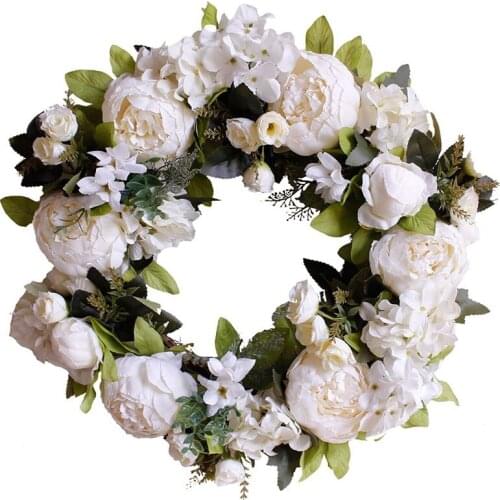 16 Inch Artificial Garlands Front Door Wreaths, Artificial White Peony Hanging Wreath for Home Party Indoor Outdoor Window Wall