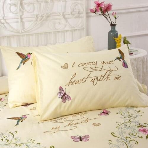 2PCS/Lot Pillow Case 100% Cotton Pillowcase with Birds Butterfly Embroidered Pillow Cover Yellow Pink Decorative Pillow Cases