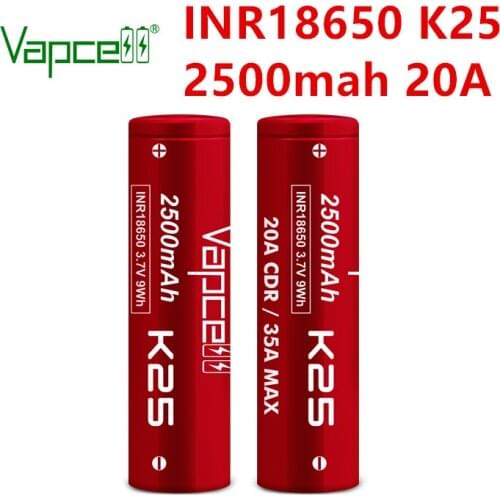 2pcs/lot Vapcell original INR 18650 2500mah 20A K25 battery 3.7V Li-ion rechargeable batteries for Power tools free shipping