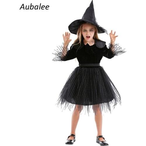 2020 New Halloween Party Children Kids Witch Cosplay Costume For Girls Black Wizard Scary Costume Princess Mesh Tutu Dress