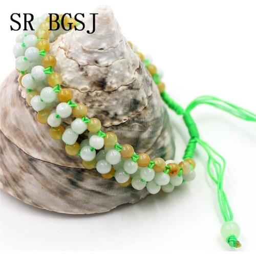 Free Shipping 4mm Round Beads 2 Layer Natural Gems Stone Jadeite Jades Adjustable Bracelet 7-8.5"