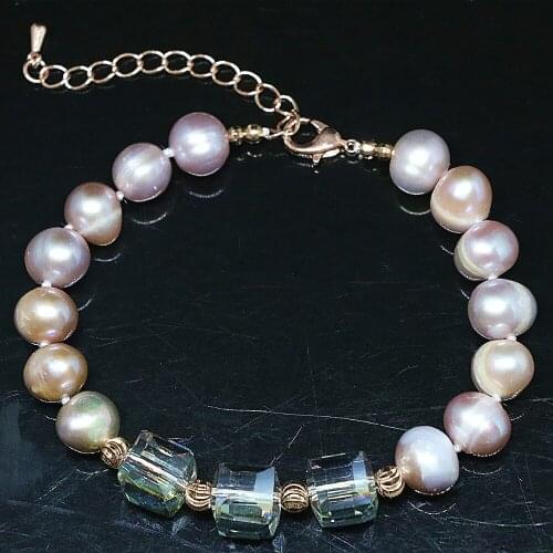Noble Design Natural Freshwater Pearl Bracelet 9-10mm Round Beads Crystal Rose Gold-color Clasp Jewelry 7.5inch B1405