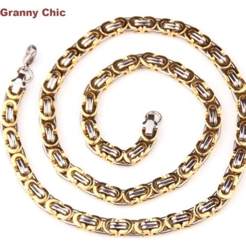 Granny Chic 6mm 7"-40" Mens Jewelry Hip Hop Silver Gold Color Two Tones Stainless Steel Flat Byzantine Necklace Chain